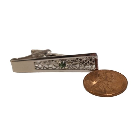 Stunning Vintage Cufflinks And Tie Pin Green Rhinestone Silvertone Alstein‎ Box - Picture 8 of 16
